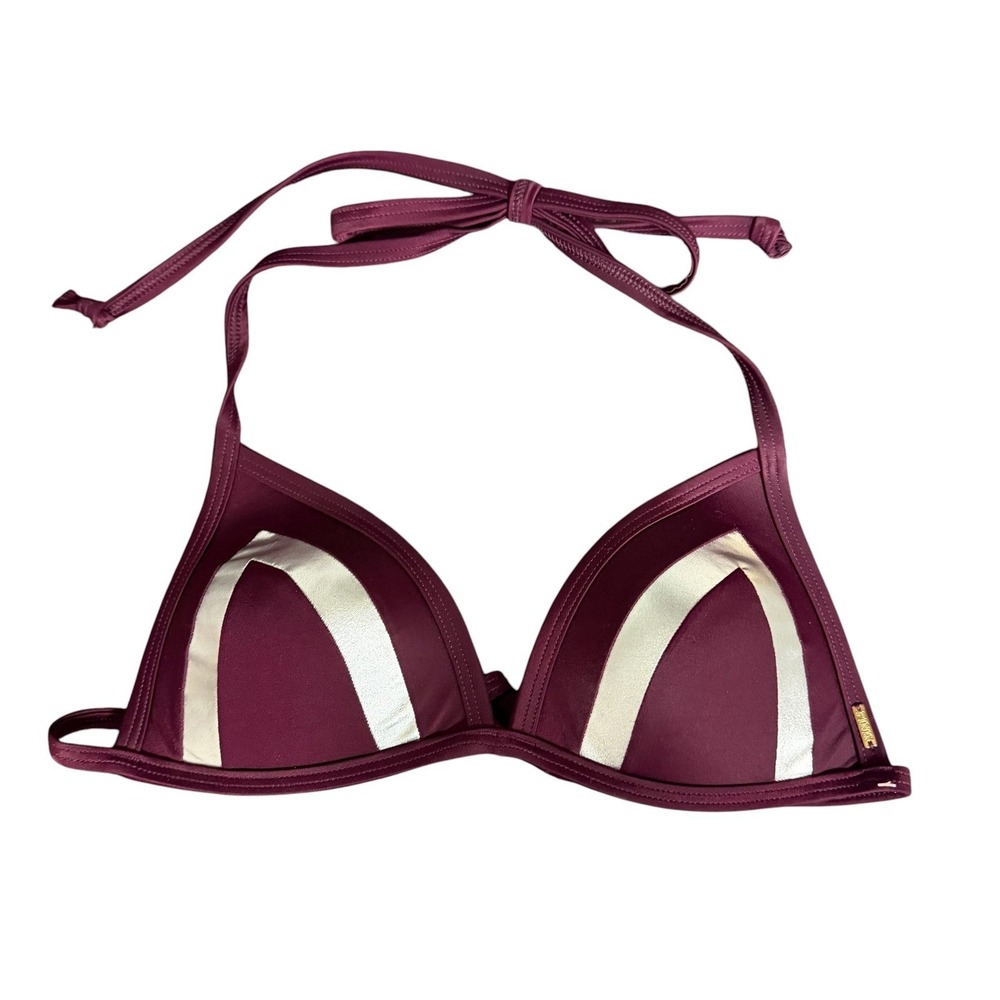 PINK Victoria's Secret Burgundy Maroon‎ Silver Metallic Triangle Bikini Top